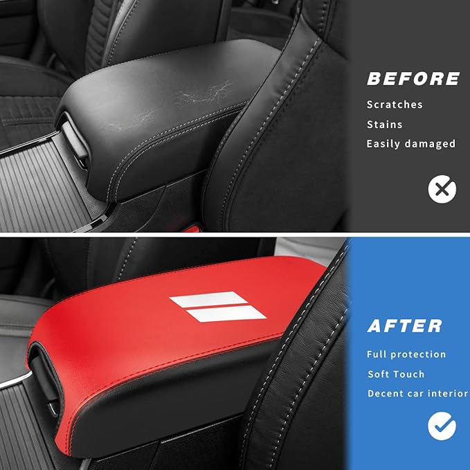 INTGET Center Console Cover for Dodge Charger Accessories 2011-2020 2021 2022 2023 for Chrysler 300 2015-2022 Leather Armrest Cover Console Lid Protector Cushion Pad (Black with Red, Leather)