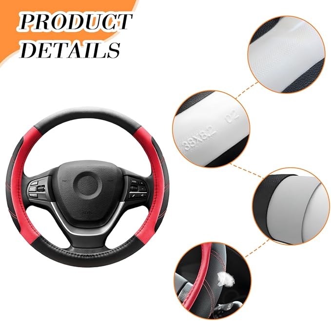 Car Steering Wheel Cover, 14.5-15" Non-Slip Leather Sporty Vehicle Steering Wheel Protector, Breathable Auto Interior Decoration Accessories, Universal for Van Truck Sedan (Black/Red)