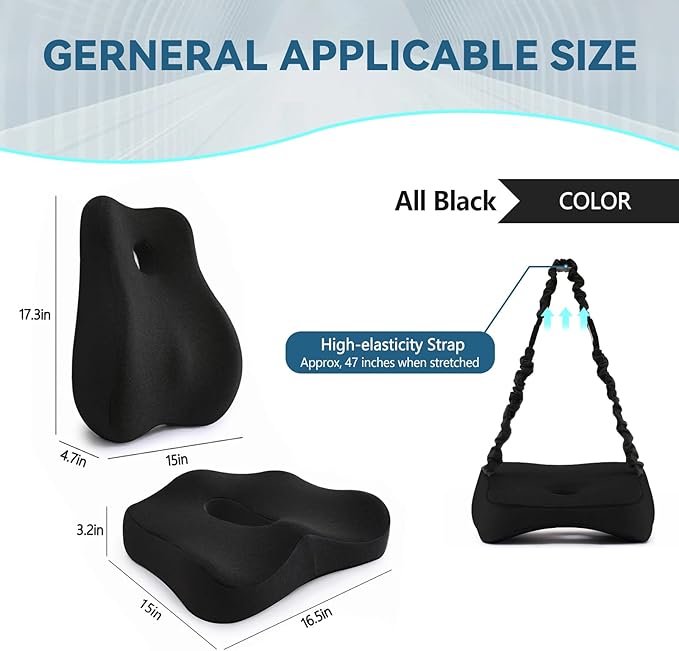 JIPORIER Seat Cushion & Lumbar Support Pillow Set for Office Chair, Ergonomic Pillow for Sciatica Pain Relief, Memory Foam Back Support Pillow & Chair Cushion for Car seat, Desk Chair (Black)