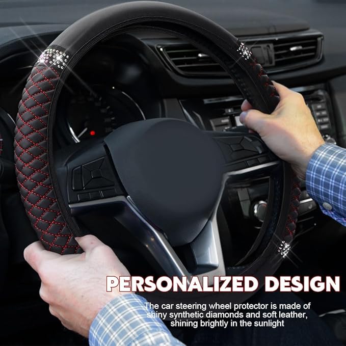 Car Steering Wheel Cover, Steering Wheel Accessories, Breathable Microfiber Leather Auto Wheels Protector, Universal 15 Inch Anti-Slip Protector for SUV Sedan Truck (Bling-Black&Red)