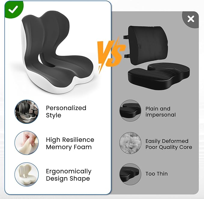 Seat Cushion, Memory Foam Car Seat Cushion with L-Shaped Ergonomic Design, Tailbone Pain & Sciatica Pain Relief Cushion for Office Chair, Car, Truck Drivers, Long Work Sessions and Wheelchair