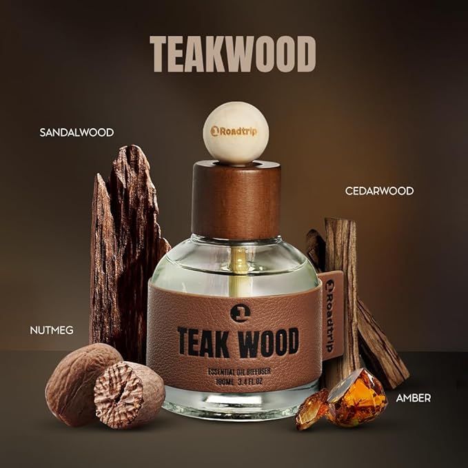 1Roadtrip Car Air Freshener - Long Lasting Essential Oil Diffuser - Aromatherapy Accessories for Men & Women - Non-Toxic Odor Eliminator - Teakwood Car Scent Diffuser 3.38 FL OZ/100ML