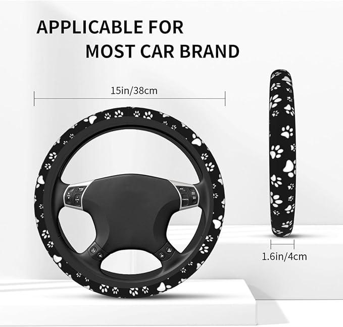 Black and White Dog Cat Paw Print Steering Wheel Cover for Women Men with 2 Pcs Car Coasters, 15 Inches Neoprene Anti-Slip Cute Universal Car Accessories Protective Cover for Vehicle