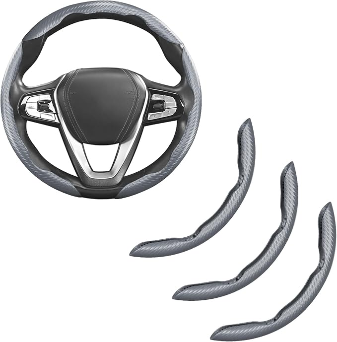 Carbon Fiber Steering Wheel Cover Anti-Slip Wrap Snap on Car Steering Wheel Accessories Grip 15 inch Universal 3pc Matte Gray