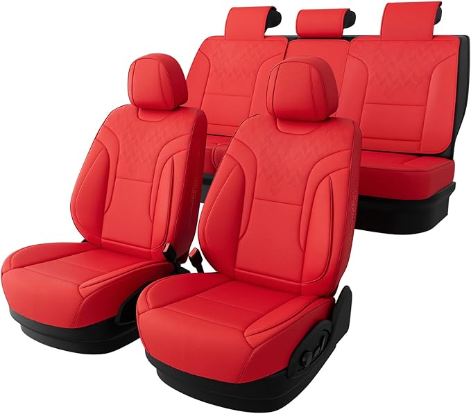 FEINEPRO Red Car Seat Covers Full Set - Breathable Faux Leather Universal 5 Seat Covers for Cars, Automotive Protector Fit for Most Sedan SUV Pick-up Truck