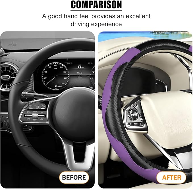 Carbon Fiber Car Steering Wheel Cover, 14.5-15 Inch Elastic Stretch Steering Wheel Guard, Sports Style Non-Slip Automotive Interior Accessories, Universal for Vehicles (Black/Purple)