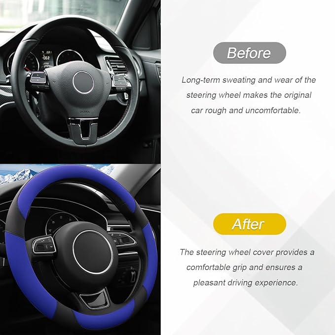 HZEL Car Steering Wheel Cover, 15 Inch PU Leather Breathable Anti-Slip Vehicle Steering Wheel Protecter with Inner Ring, Automotive Interior Accessories, Universal for SUV Sedan Truck (Dark Blue)