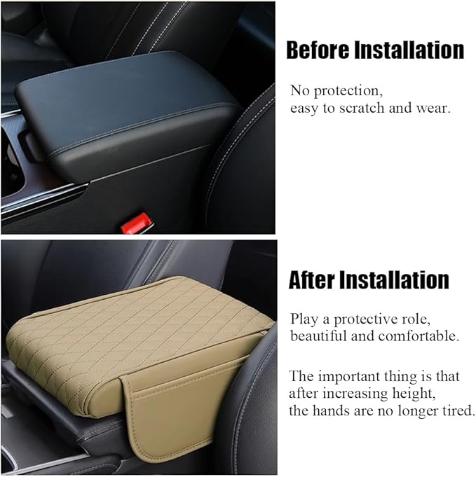 Car Center Console Armrest Cover, Leather Car Center Console Cover Cushion with 2 Storage Bags, Universal Center Console Pad Thickened Memory Foam Car Armrest Lids Storage Box (Beige)