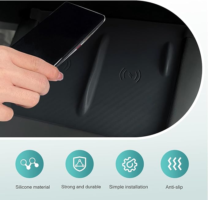 Car Central Control Wireless Power Supply Silicone Pad, Non-Slip Flexible Center Console Wireless Charging Mat, 1:1 Original Size Design, Compatible with 2021-2025 Model Y/Model 3 (Black)