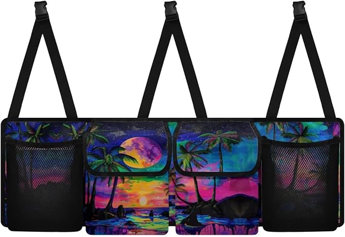 Car Trunk Organizer Tropical Beach Galaxy Backseat Hanging Organizer with Pockets, Super Capacity Storage Solution Decoration for SUVs, Trucks, Vans, and Cars