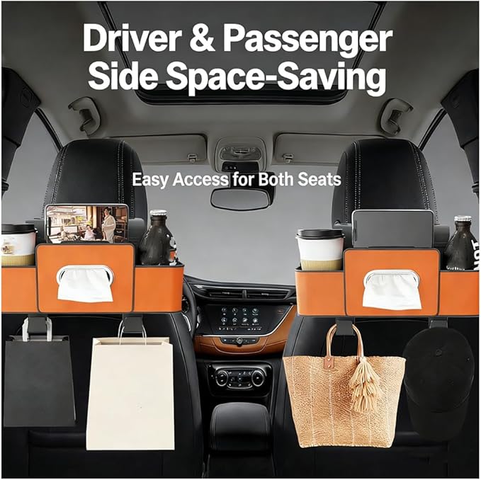 Car Organizers and Storage Box, Car Organizer Storage Box Back Seat, Multifunctional 3-in-1 Cars Organizer with Tissue, Tissue Boxs and Storages Hook, for Hold Phone, Drinks, Handbag (Beige)