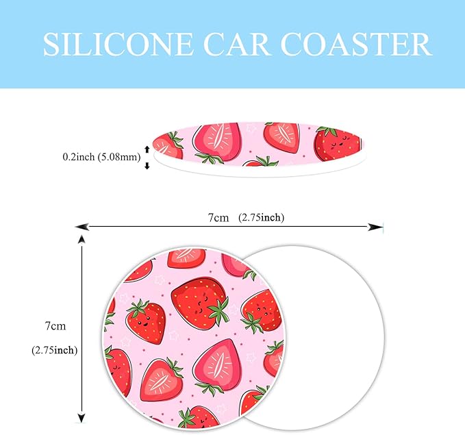 Cute Pink Strawberry Steering Wheel Cover for Women Men with 2 Pcs Car Coasters, Universal 14.5-15 Inch Rainbow Steering Wheel Covers Non-Slip Car Accessories for Girls