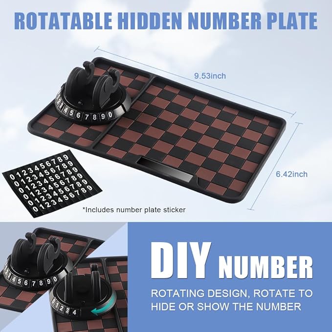NHHEO Car Anti Slip Mat Dashboard Tray Decorations Sticky Pad Thicken Washable with 360° Rotating Universal Phone Pad Holder+Number Plate for GPS Aromatherapy Sunglasses Key(Black&Brown)