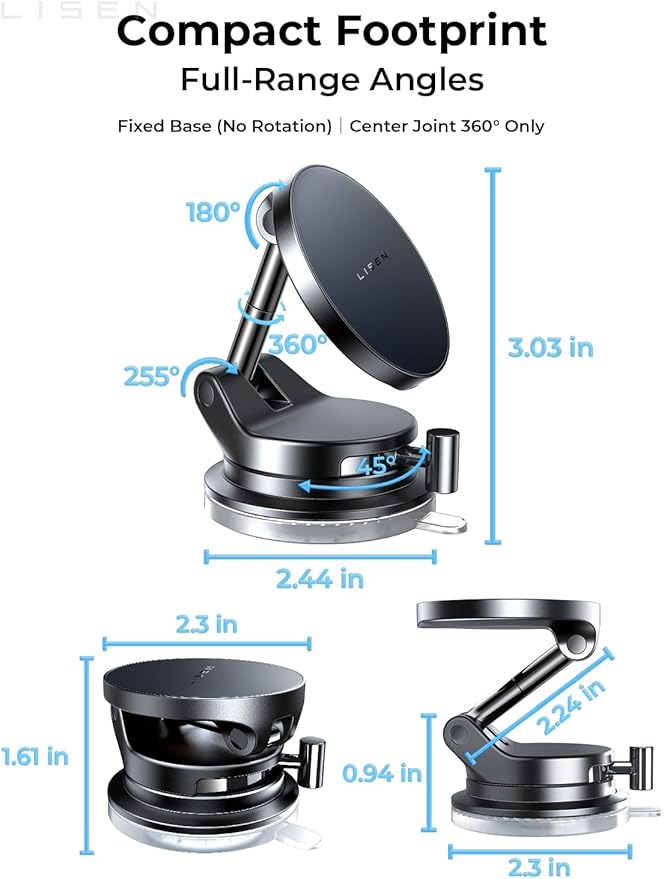 LISEN 15W Magsafe Car Mount Charger， [ SuctionPro ] 15W Wireless Car Charger, Suction Cup Phone Holder,360° Vacuum Magnetic Phone Holder for iPhone 17 Pro Max Air 17-12,Samsung S25 with MagSafe Case