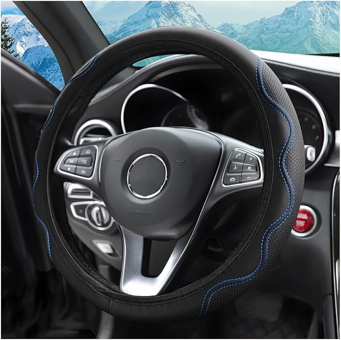 zipelo Elastic Stretch Steering Wheel Cover, Microfiber Breathable Ice Silk, Universal 15 Inch Anti-Slip Car Steering Wheel Protector, Warm in Winter and Cool in Summer for Women (Style2-Black/Blue)