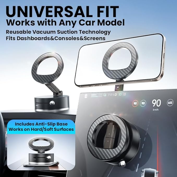 BISART Vacuum Magnetic Car Phone Holder – 360° Rotatable, Reinforced 96LBS Suction Cup Mount Compatible with MagSafe for iPhone & Android, Portable for Car, Gym & Mirror (A7-Black)