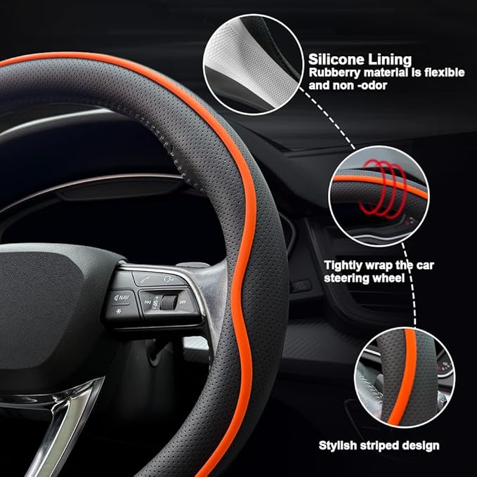 HAOTULE Leather Steering Wheel Cover， with Anti-Slip Stripe Design - Enhanced Grip, Fashion Style, Safe, Non-Slip, Breathable. Upgrade car Interior，Orange