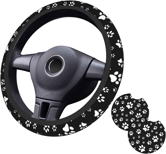 Black and White Dog Cat Paw Print Steering Wheel Cover for Women Men with 2 Pcs Car Coasters, 15 Inches Neoprene Anti-Slip Cute Universal Car Accessories Protective Cover for Vehicle