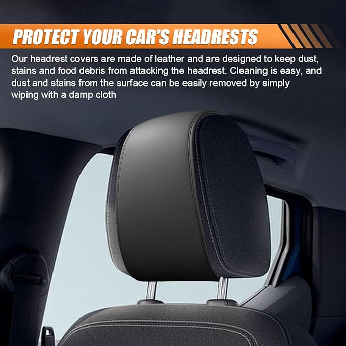 2PCS Car Headrest Covers for Back Seat, Leather Dirt-Proof Car Seat Head Rest Protector with Pocket, All Season Universal Auto Interior Decoration Headrest Organizer for Phone, Key (Black)