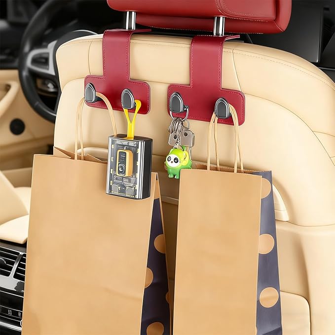 2PCS Car Headrest Hook, Dual Hook Leather Vehicle Back Seat Storage Organizer for Handbag Purse Hat, Multifunction Automotive Seat Back Hanger Holder, Universal for Most Vehicles (Wine Red)