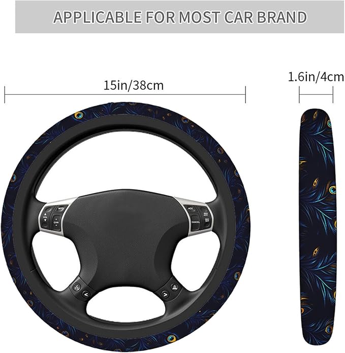 Swono Peacock Feather Steering Wheel Cushion Case Beautiful Blue and Green Peacock Feathers Neoprene Car Steering Wheel Covers 15 Inch Anti Slip Compatible Auto Car Wrap Cover for Men Women