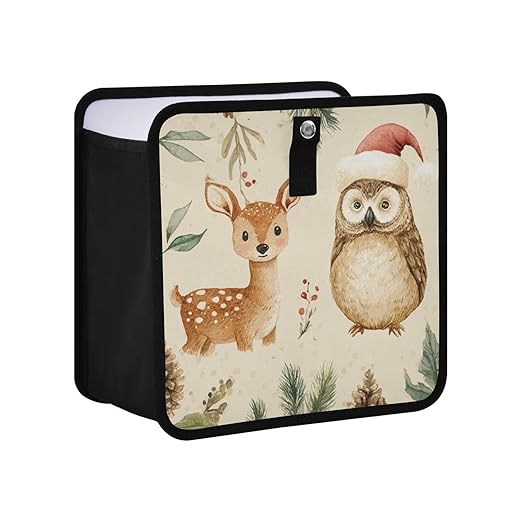 Car Trash Can Organizer Bin with Adjustable Strap for Back Front Seat Console Waterproof Leakproof Collapsible Portable 11 Inch Christmas Deer Owl Pinecorns Leaves Beige