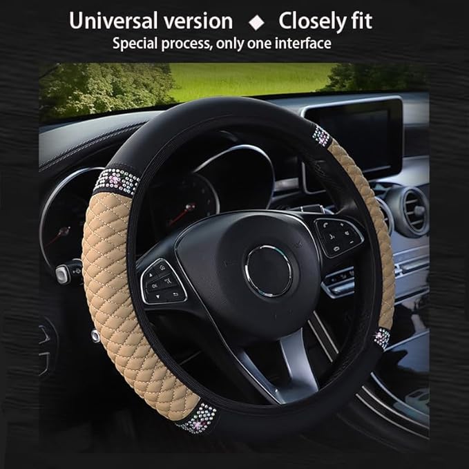 WLERIR Microfiber Leather Steering Wheel Cover with Anti-Slip Lining Universal Car Accessory for Steering Wheel with a Diameter of 14.5-15 inch (Beige)