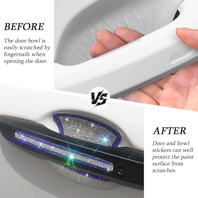 8PCS Bling Car Door Handle Protector, Crystal Rhinestone Anti-Scratch Vehicle Door Handle Bowl Stickers, Glitter Automotive Exterior Decal Accessories, Universal for Vehicles (Blue/White)