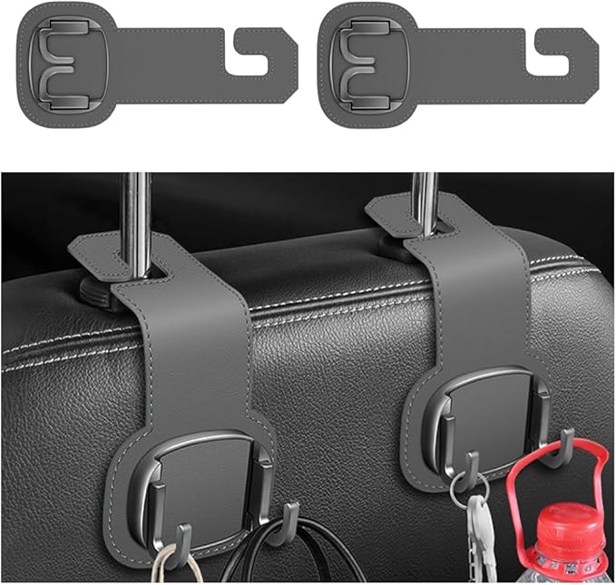 Car Headrest Hooks, 2PCS Foldable Double Vehicle Back Seat Organizer Hanging Holder for Purse Coat Umbrella, Automotive Interior Seatback Storage Hanger Accessories, Universal Fit (Gray)