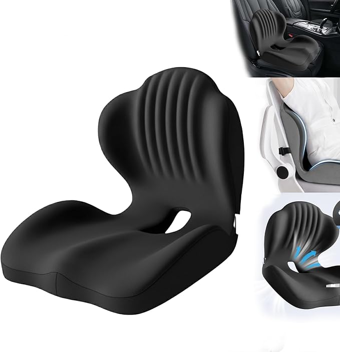 Ergonomic Memory Foam Seat Cushion with Lumbar Support, Office Chair and Car Seat Cushion for Back Pain Relief, Pressure Reducing Comfort Pad, for Parents and Friend,Black