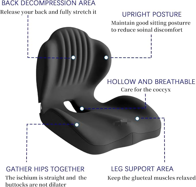 Ergonomic Memory Foam Seat Cushion with Lumbar Support, Office Chair and Car Seat Cushion for Back Pain Relief, Pressure Reducing Comfort Pad, for Parents and Friend,Black