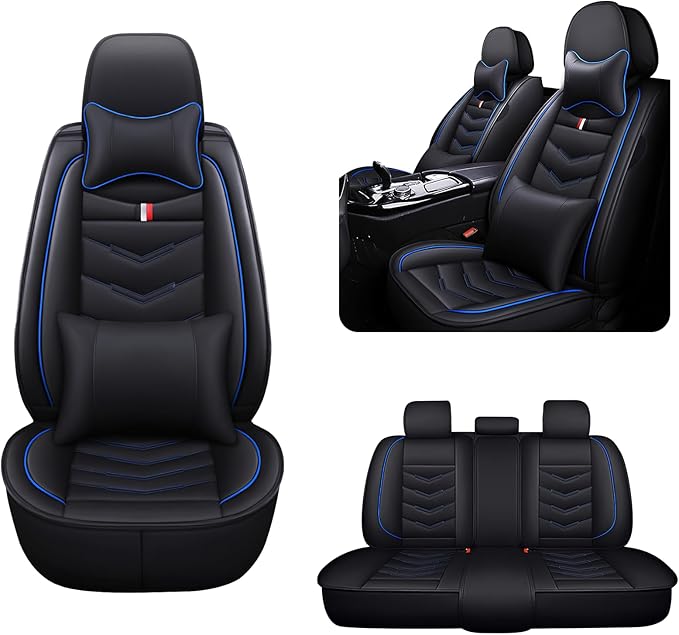 MVRVMV Seat Covers for Ford Maverick 2022-2026, Waterproof Leather Auto Seat Cover with 2* Neck Pillow and 2* Lumbar Support (5 Seat Luxury,Black-Blue)