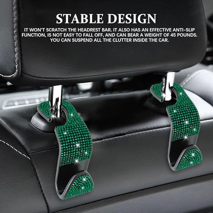 2PCS Car Seat Hooks, Purse Hook for Car, Crystal Rhinestone Vehicle Backseat Purse Holder, Auto Accessories Diamond Auto Seatback Storage Organizer Hanger for Handbag Clothes Purse (Green)