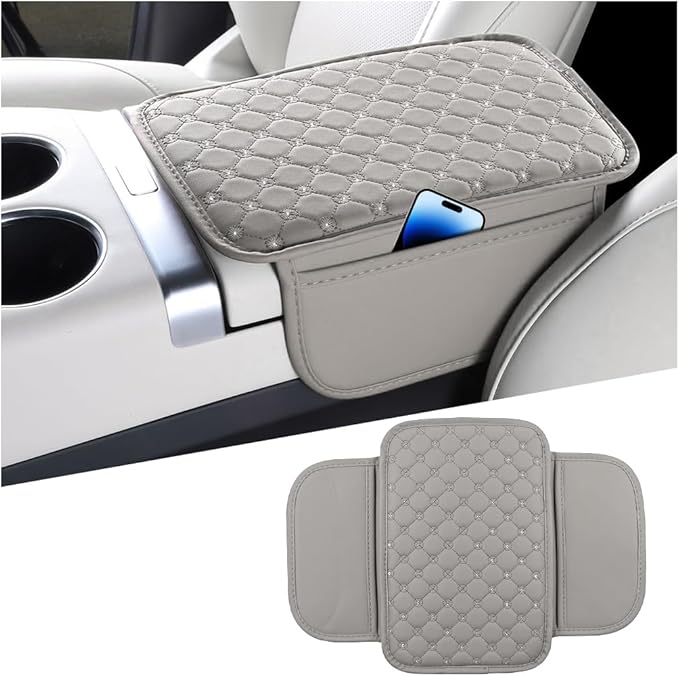 Bling Car Center Console Cover, Leather Crystal Rhinestone Vehicle Armrest Cushion Pad with Side Storage Bags, Scratch Resistant Auto Middle Console Protection Mat, Universal Fit (Gray)