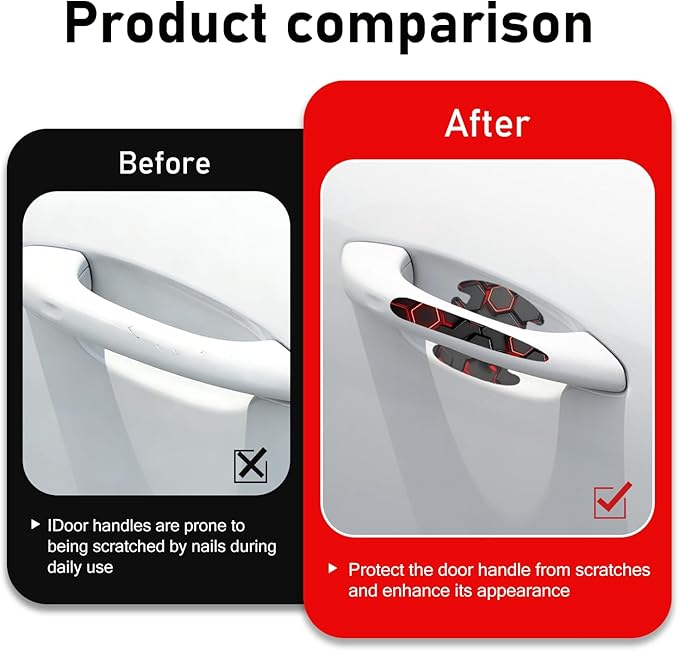 8PCS Car Door Handle Scratch Protectors, 3D Carbon Fiber Door Handle Bowl Sticker, Waterproof Scratch-resistant Self-adhesive Protective Film, Universal for Most Vehicles (Red)