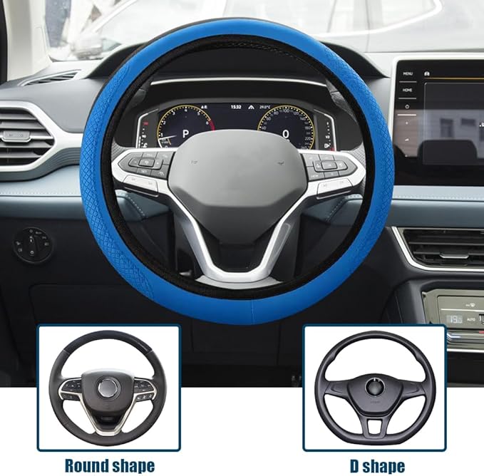 Car Steering Wheel Cover, Universal 14.5-15 Inch Blue Leather Steering Wheel Wrap with Better Sport Grip for Men Women, Anti-Slip Breathable Car Interior Accessories for Most Vehicles (Blue)