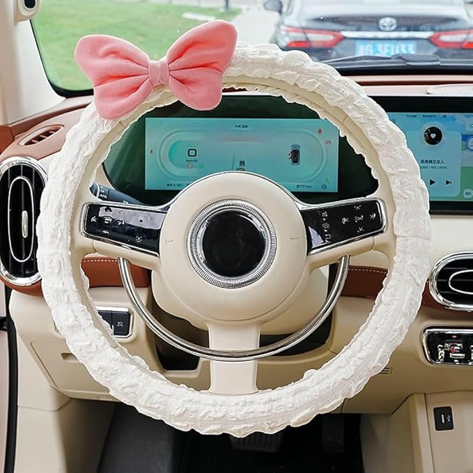 Car Steering Wheel Cover Cloth Puffrug car with Anti-Slip Sweat-Absorbing Handlebars Woman car Steering Wheel Cover Gift for Sister's mom Teacher (White Bow tie)