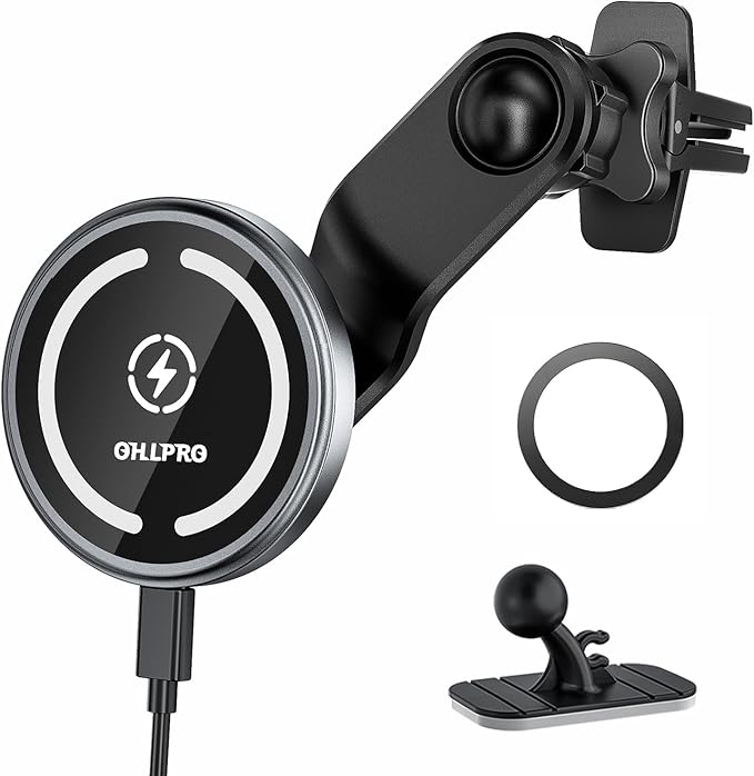 OHLPRO Compatible with MagSafe Car Mount for iPhone 16, Magnetic Wireless Car Charger with Extended Arm, Never Block Vents for iPhone 15/14/13/12 Serie, 15W Fast Charging Mag Safe Phone Holder, Grey