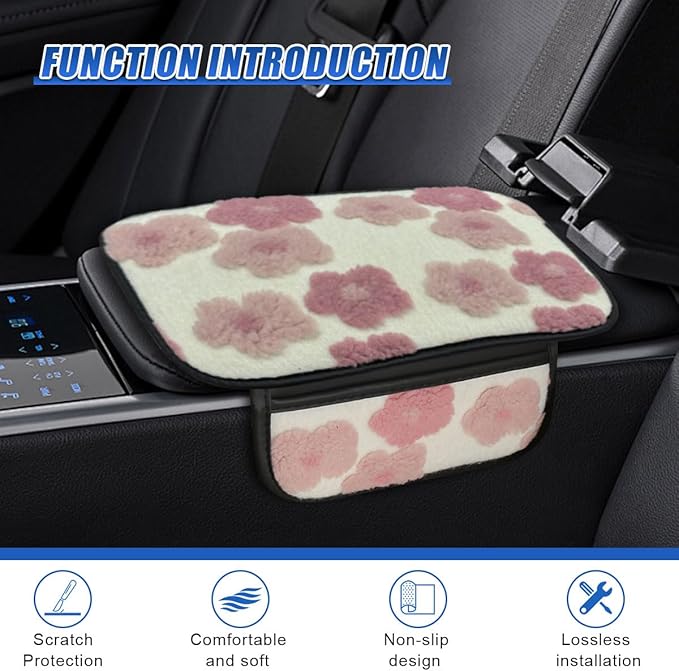 Car Center Console Cover, Soft Fluffy Car Armrest Seat Box Cushion Pad with 2 Storage Bags, Universal Vehicle Interior Protector Accessories for Most Sedans, SUVs, Trucks (Pink)