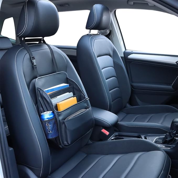 Viaviat Front Seat Organizer Car Upholstery Leather Passenger Seat Storage Bag Large Durable Car Organizer with Adjustable Strap Multiple Compartments Mesh Bags Cup Holders (black)