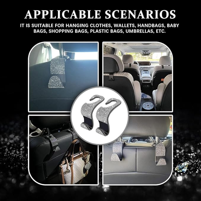 2PCS Car Seat Hooks, Purse Hook for Car, Crystal Rhinestone Vehicle Backseat Purse Holder, Auto Accessories Diamond Auto Seatback Storage Organizer Hanger for Handbag Clothes Purse (White)