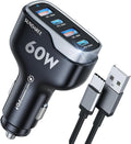 SUNDAREE 4 Ports USB C Fast Car Charger with Plug Outlet, Car Charger Adapter with 3.3FT Cable(USB-A to USB-C), Dual QC 18W & PD 30W Car Phone Charger for iPhone 17/16/15 Pro/Max/SamsungS25 & More
