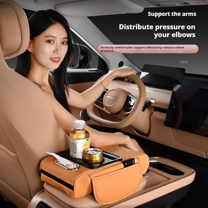 Leather car armrest Organizer with Cup Holders, Storage Pockets & Anti-Slip pad. Universal fit, Easy Install. (Black)