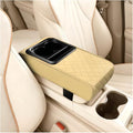Car Center Console Armrest Pillow, Leather Vehicle Middle Console Protection Cushion with Cup & Phone Holder, Waterproof Automotive Arm Rest Box Cover, Universal Fit (Beige Rhombus)