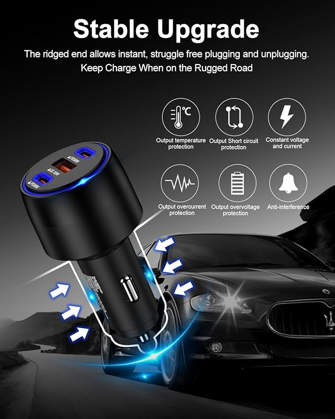 USB C Car Charger, 3-Port Super Fast Charging Cigarette Lighter Adapter for iPhone 17 Pro/Air/16/15/14/13/iPad, USBA & USBC Multiport Car Phone Charger Accessories for Samsung S25/S24 FE/S23/S22/A17