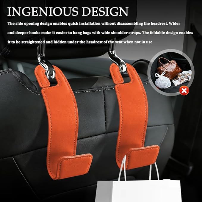 2PCS Purse Holder for Car, Purse Hook for Car, Leather Headrest Hooks for Automotive Back Seat, Auto Accessories Back Seat Organizer Hook for Grocery Bag Handbag Coat (Orange, 2PCS)