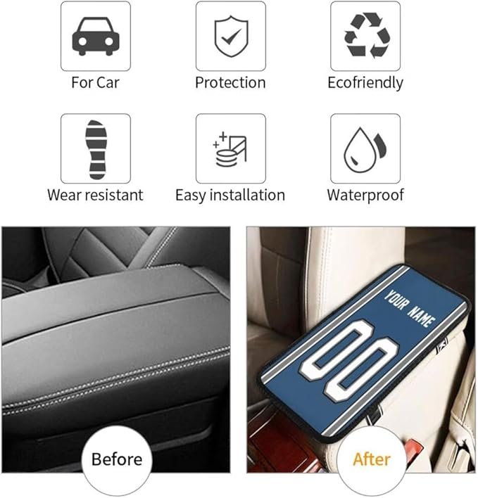 Custom Car Armrest Cover,Add Personalized Name and Number As Gifts for Loyal Football Fans,American Football Auto Center Console Pad Car handrail Box Cushion,Fit for Most Car Seat Box Cover Protector