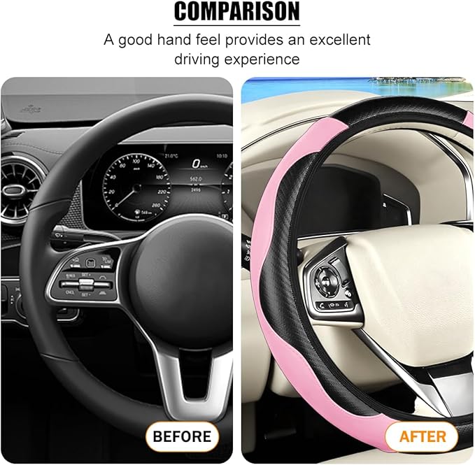 Carbon Fiber Car Steering Wheel Cover, 14.5-15 Inch Elastic Stretch Steering Wheel Guard, Sports Style Non-Slip Automotive Interior Accessories, Universal for Vehicles (Black/Pink)