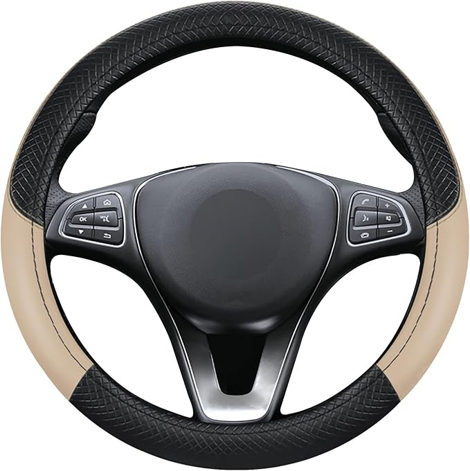 Black & Beige Car Steering Wheel Cover, Microfiber, Leather Patchwork, Universal 14.5-15 Inch Leather Anti-Slip Breathable Auto Steering Wheel Covers for Men Women