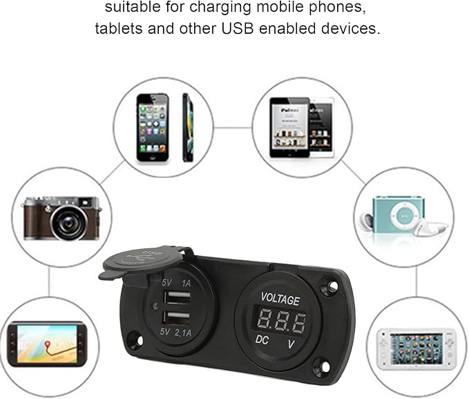 Car Charger Socket, USB Car Charger Adapter QCPD Fast Charging 12‑24V Waterproof Voltage Display Universal for Motorcycles Motorhomes Yachts